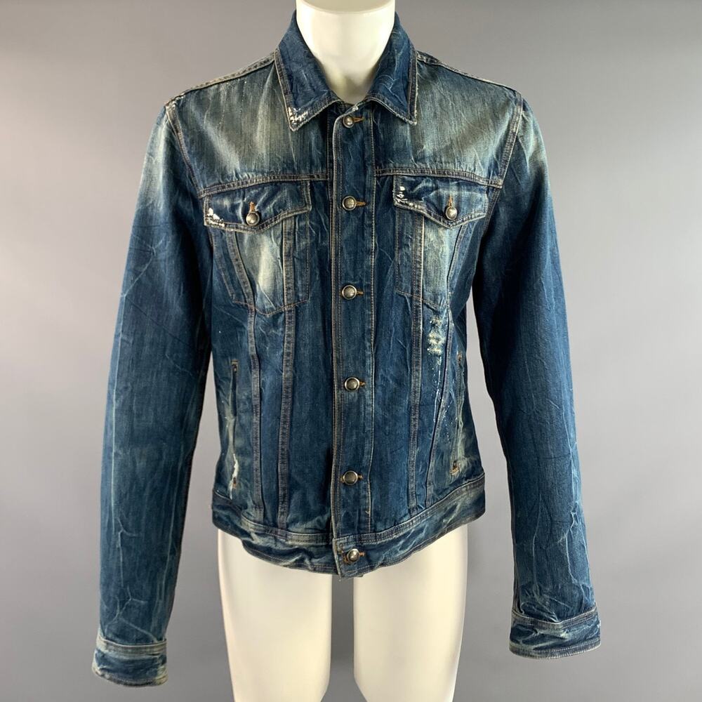 GALLIANO Size 38 Blue White Paint Splatter Cotton Denim Jacket